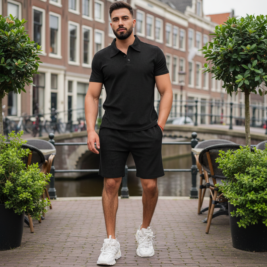 Vince Heren Set | Slim Fit Polo en Short-Basser-Zwart-M-Basser