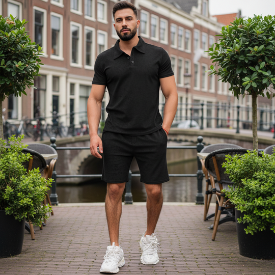 Vince Heren Set | Slim Fit Polo en Short-Basser-Zwart-M-Basser