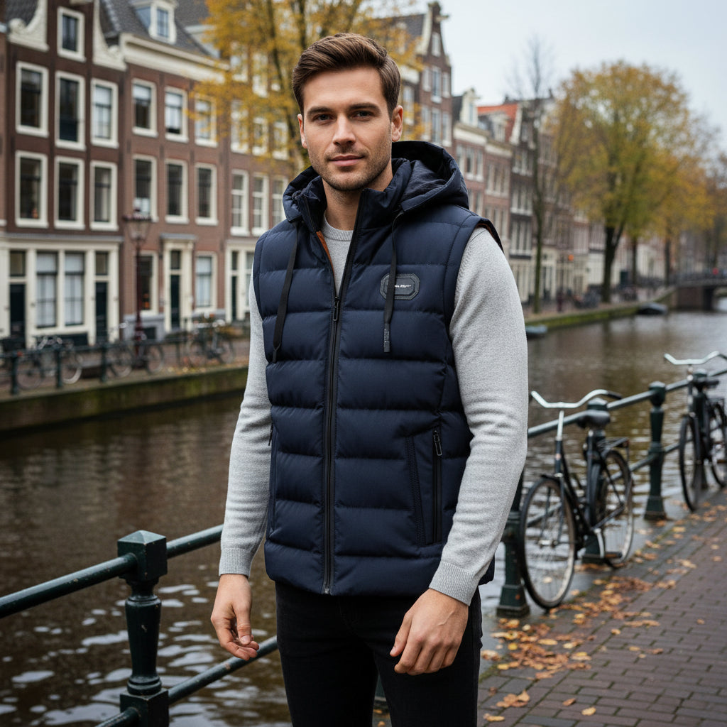Wesley – Heren Bodywarmer | Lange Zwarte Bodywarmer met Capuchon en Praktische Zakken-Basser-Blauw-M-Basser