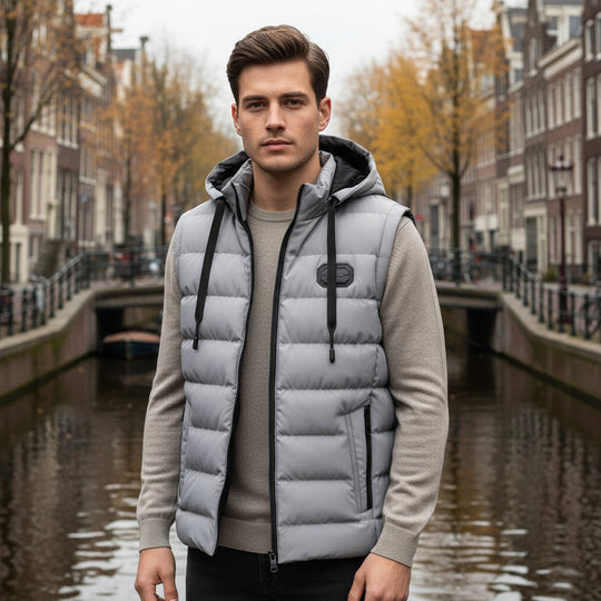 Wesley – Heren Bodywarmer | Lange Zwarte Bodywarmer met Capuchon en Praktische Zakken-Basser-Grijs-M-Basser