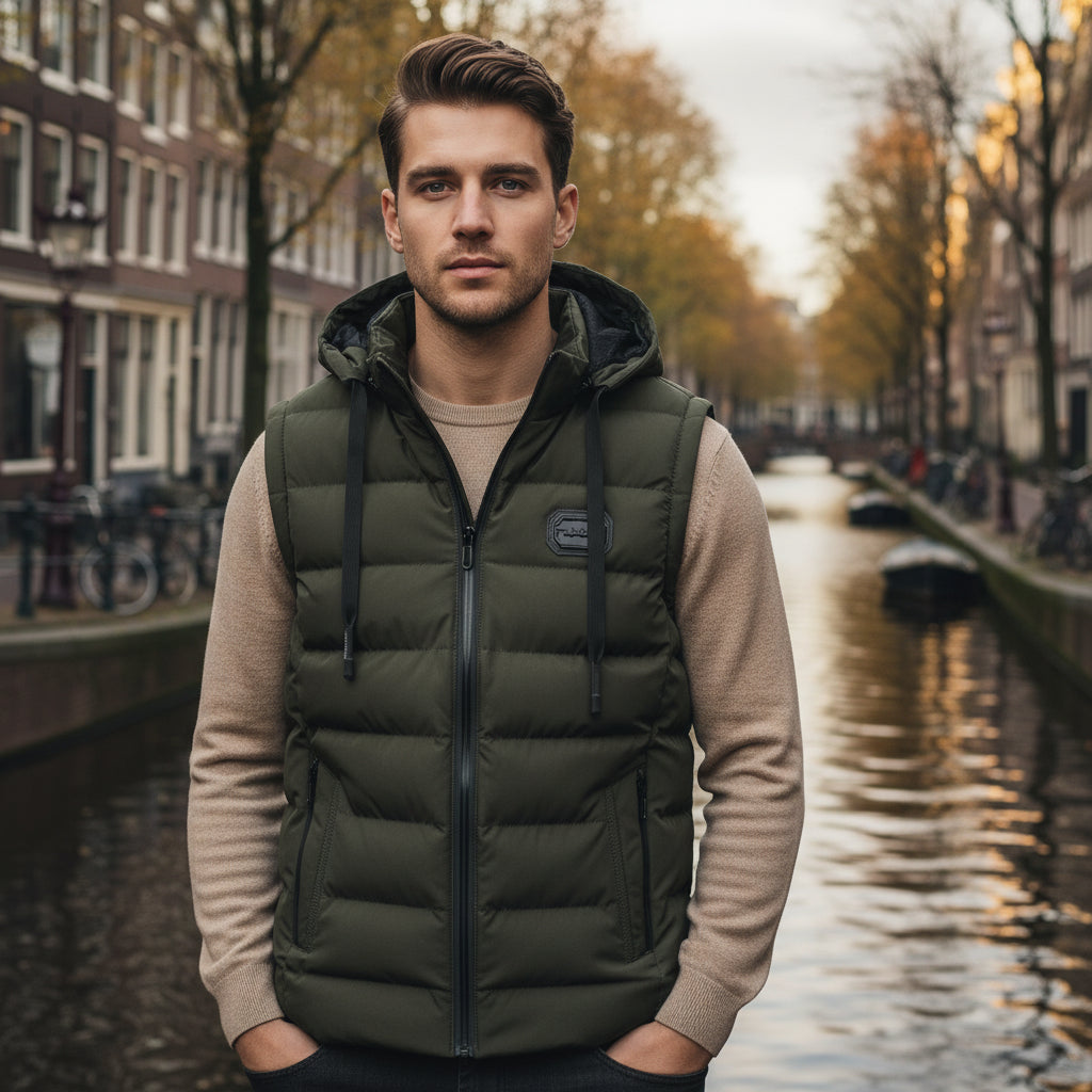 Wesley – Heren Bodywarmer | Lange Zwarte Bodywarmer met Capuchon en Praktische Zakken-Basser-Legergroen-M-Basser