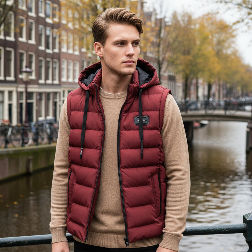 Wesley – Heren Bodywarmer | Lange Zwarte Bodywarmer met Capuchon en Praktische Zakken-Basser-Rood-M-Basser