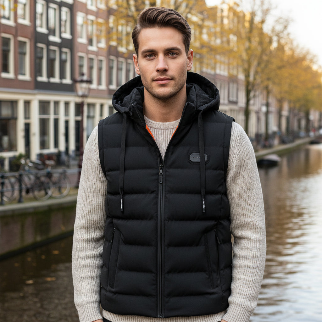 Wesley – Heren Bodywarmer | Lange Zwarte Bodywarmer met Capuchon en Praktische Zakken-Basser-Zwart-M-Basser